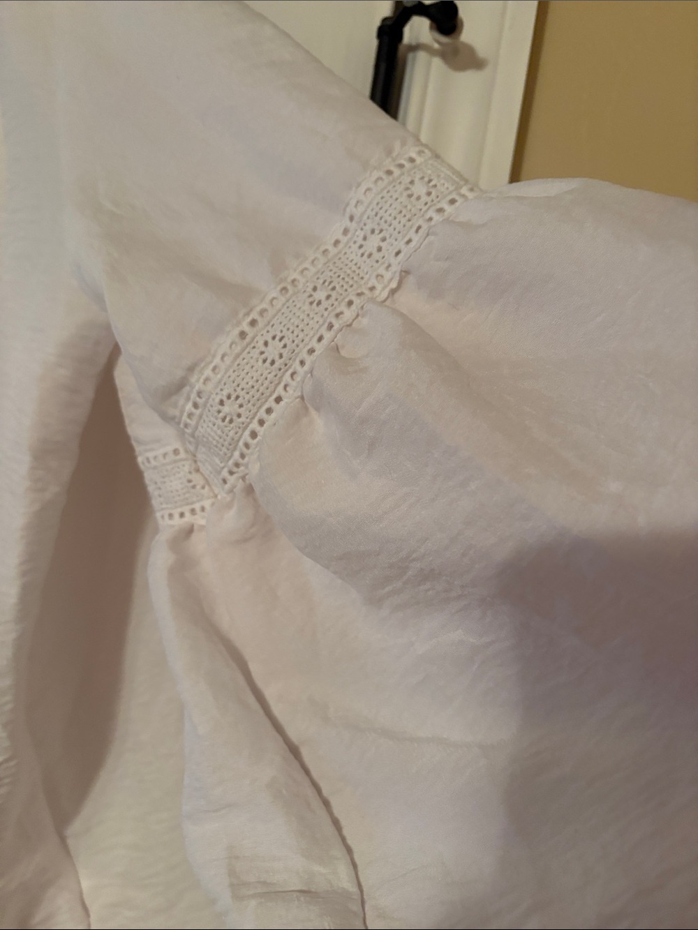 White V-Neck Peasant Blouse with Lace Trim - Picture 3 of 6